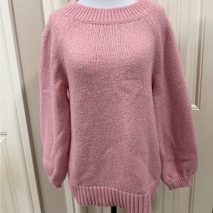 LOFT Pink Crew Neck Sweater with Ribbed Detailing and black bow Sz S